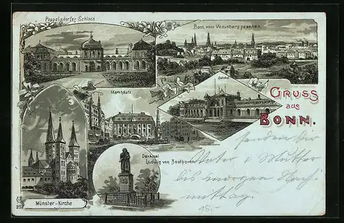 Lithographie Bonn, Ortsansicht vom Venusberg aus, Marktplatz, Münster-Kirche