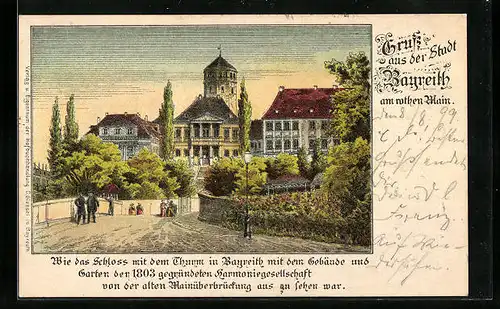 Lithographie Bayreuth, Schloss mit Garten von der alten Mainüberbrückung aus