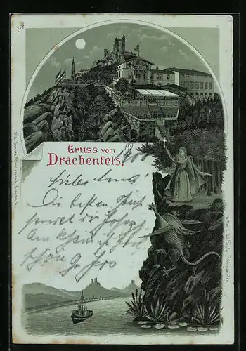 Mondschein-AK Königswinter, Ausflugs-Gaststätte und Burgruine auf dem Drachenfels