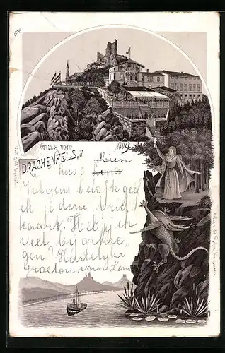 Lithographie Königswinter, Ausflugs-Gaststätte und Burgruine auf dem Drachenfels
