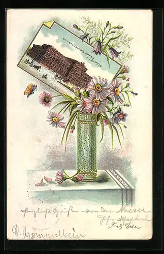 Lithographie Leipzig, Bild der Universitäts-Bibliothek auf einer Vase mit Sommerblumen