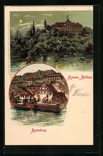Lithographie Meersburg, Teilansicht mit Dampfer, Schloss Mainau