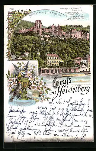 Lithographie Heidelberg, Schloss von der Hirschgasse, Römerglas mit Wein und sich labenden Vögeln