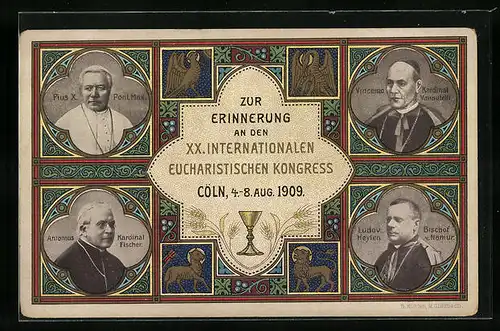 Künstler-AK Cöln, XX. Internationaler Eucharistischer Kongress 1909 - Papst-, Bischofs- und Kardinalsportraits