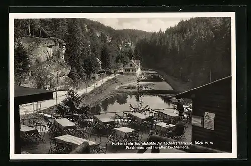 AK Pottenstein, Restaurant und Cafe Teufelshöhle - Blick zum Fischhaus und Forellenzuchtanlage