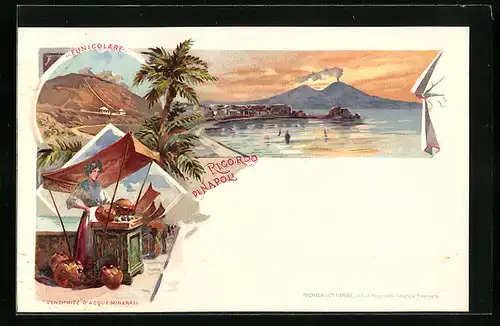 Lithographie Neapel, Seilbahn, Mineralwasser-Verkäuferin, Ortsansicht mit Vesuv
