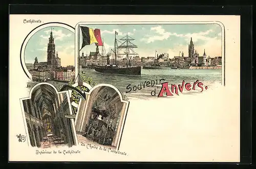 Lithographie Antwerpen, Ortspanorama mit Hafen, Kathedrale