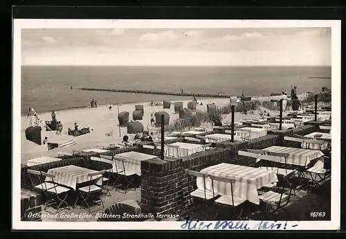 AK Grossmöllen, Restaurant Böttchers Strandhalle - Terrasse mit Blick auf Strand und Meer