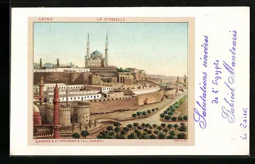 Lithographie Kairo, Zitadelle und Moschee aus der Vogelschau