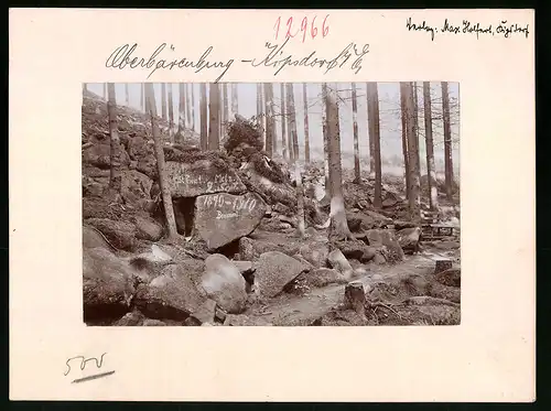 Fotografie Brück & Sohn Meissen, Ansicht Oberbärenburg i. Erzg., Partie am Sedanweg mit beschriebenen Steinen