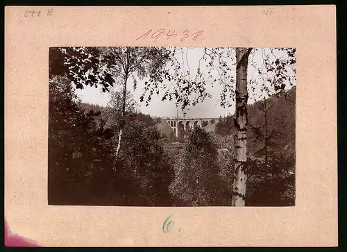 Fotografie Brück & Sohn Meissen, Ansicht Frankenberg i. Sa., Blick aus dem Wald auf das Eisenbahnviadukt im Lützeltal