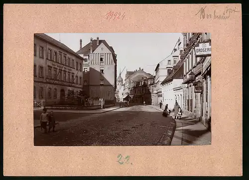 Fotografie Brück & Sohn Meissen, Ansicht Olbernhau, Blick in die Grüntaler Strasse, Schule, Geschäfte Joh. Geyh, P. Mühl