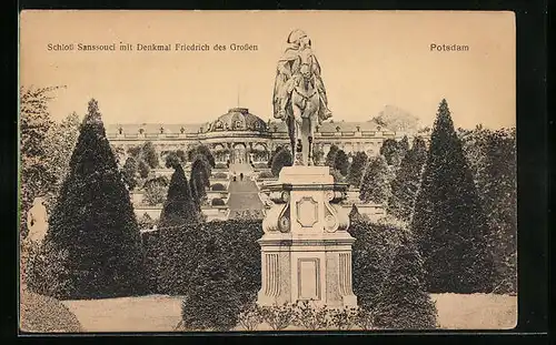 AK Potsdam, Schloss Sanssouci mit Denkmal Friedrich des Grossen