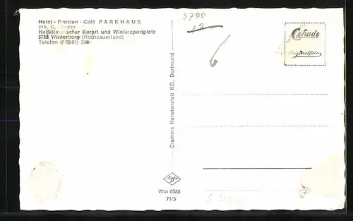 AK Winterberg /Hochsauerland, Hotel- Pension -Cafe Parkhaus schneebedeckt