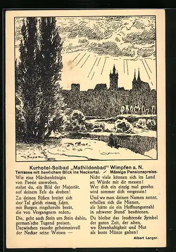 Künstler-AK Wimpfen a. N., Ortspartie mit dem Kurhotel Mathildenbad, Text