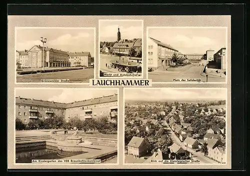 AK Lauchhammer, Blick auf den Markt und Autobahnhof, Partie am Kindergarten des VEB Braunkohlekombinat