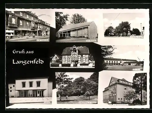 AK Langenfeld, Ortspartien mit Stadthalle, Kath. Schule, Kinderspielplatz im Volkspark