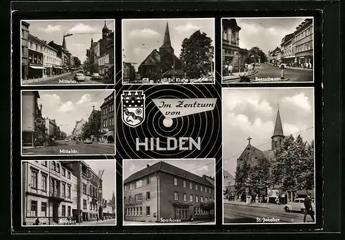 AK Hilden /Rheinland, Strassenpartien mit St. Jakobus, Ev. Kirche, Rathaus, Wappen