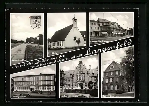AK Langenfeld /Rheinland, Ortsansicht mit dem Landeskrankenhaus, Ev. Kirche