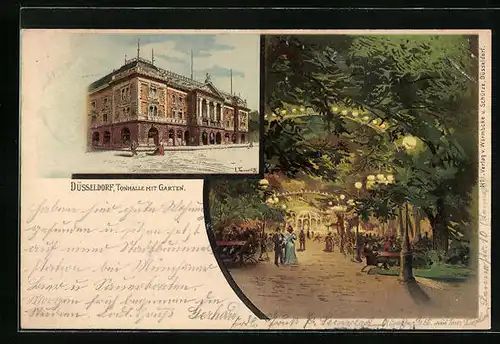 Lithographie Düsseldorf, Tonhalle - Gebäude, Lampiongeschmückter Garten am Abend