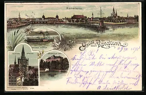 Lithographie Konstanz, Panorama vom Wasser aus, Münster, Bodensee-Dampfer