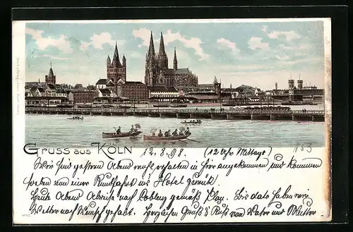 Lithographie Köln, Teilansicht vom Rhein aus, mit Brücke und Ruderbooten