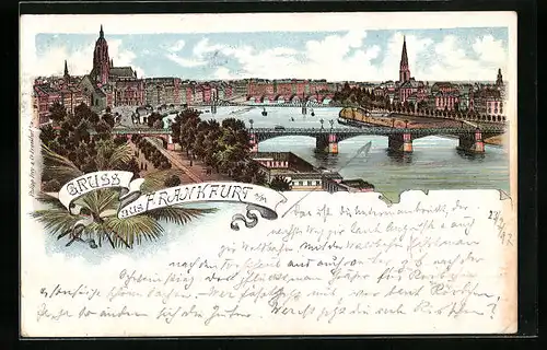 Lithographie Frankfurt a. M., Teilansicht mit Mainbrücken