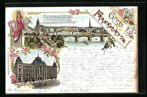 Lithographie Frankfurt a. M., Ortsansicht mit Rheinbrücken, Die neue Post, Frauenfigur mit Wappen