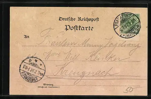 Lithographie Frankfurt a. M., Ortsansicht mit Rheinbrücken, Die neue Post, Frauenfigur mit Wappen