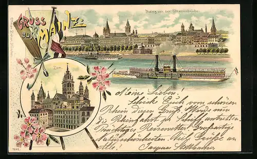 Lithographie Mainz, Ortsansicht von der Strassenbrücke, Dom