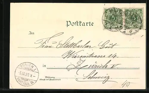 Lithographie Mainz, Ortsansicht von der Strassenbrücke, Dom