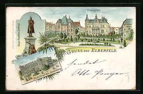 Lithographie Elberfeld, Partie am Victoriapletz, Stadthalle auf dem Johannisberg