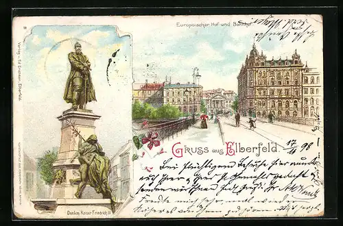 Lithographie Elberfeld, Hotel Europäischer Hof und Bahnhof, Denkmal Kaiser Friedrich III.