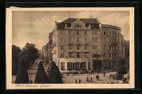 AK Cassel, Hotel Schirmer mit Strassenecke aus der Vogelschau