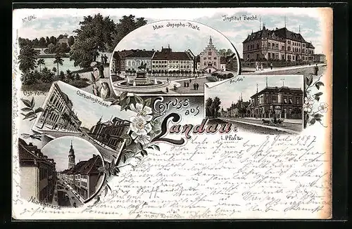 Lithographie Landau /Pf., Max-Josephs-Platz, Institut Brecht, Ostbahnstrasse