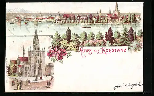 Lithographie Konstanz, Panorama der Stadt, Münster