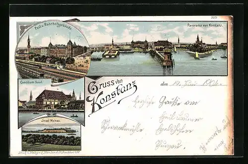 Lithographie Konstanz, Post und Bahnhof, Concilium Saal, Panorama von Konstanz