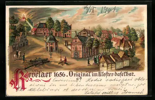 Lithographie Kevelaer, Ortsansicht im Jahr 1656 nach altem Gemälde