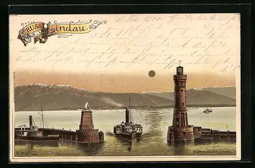 Lithographie Lindau i. B., Hafeneinfahrt mit Dampfern in leuchtendem Licht