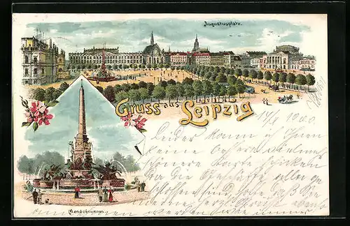 Lithographie Leipzig, Augustusplatz und Mendebrunnen