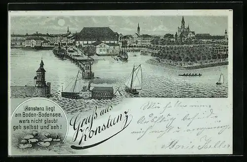 Mondschein-AK Konstanz, Blick auf Hafen und Stadt