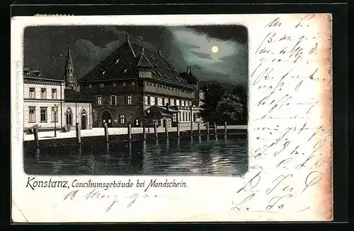 Lithographie Konstanz, Conciliumsgebäude im Mondschein