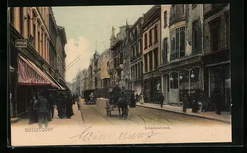 AK Düsseldorf, Partie in der Schadowstrasse mit Passanten und Kutschen