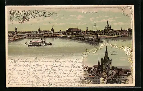 Lithographie Konstanz, Hafeneinfahrt mit Dampfer, Münster