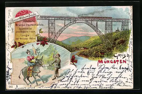 Lithographie Müngsten, Dampflokomotive auf der Kaiser-Wilhelm-Brücke