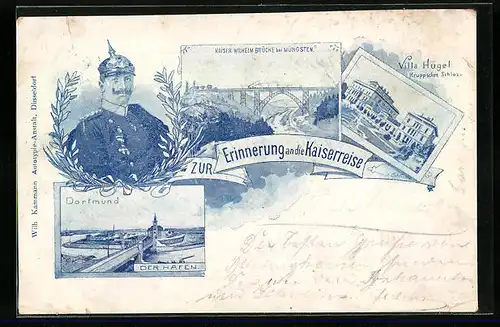 Lithographie Dortmund, Ortsansicht mit Hafenpartie, Kaiser-Wilhelm-brücke in Müngsten, Villa Hügel, Krupp`sches Schloss