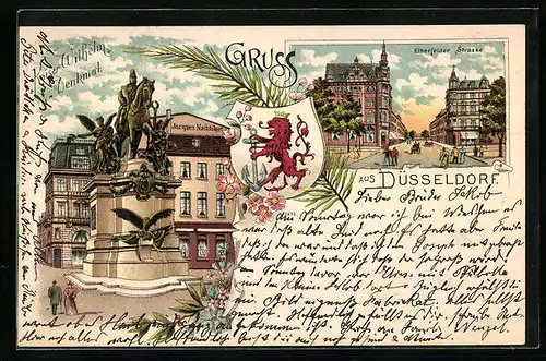 Lithographie Düsseldorf, Kaiser Wilhelm Denkmal, Elberfelder Strasse, Wappen