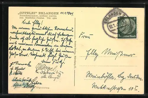 AK Erlangen, Gasthaus Oppelei von Matthäus Paulus, Innenansicht