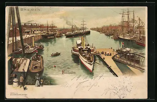 Lithographie Bremen, Freihafen mit Bootspartie