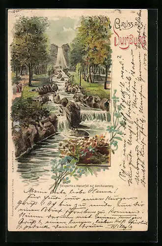 Lithographie Duisburg, Felspartie mit Wasserfall